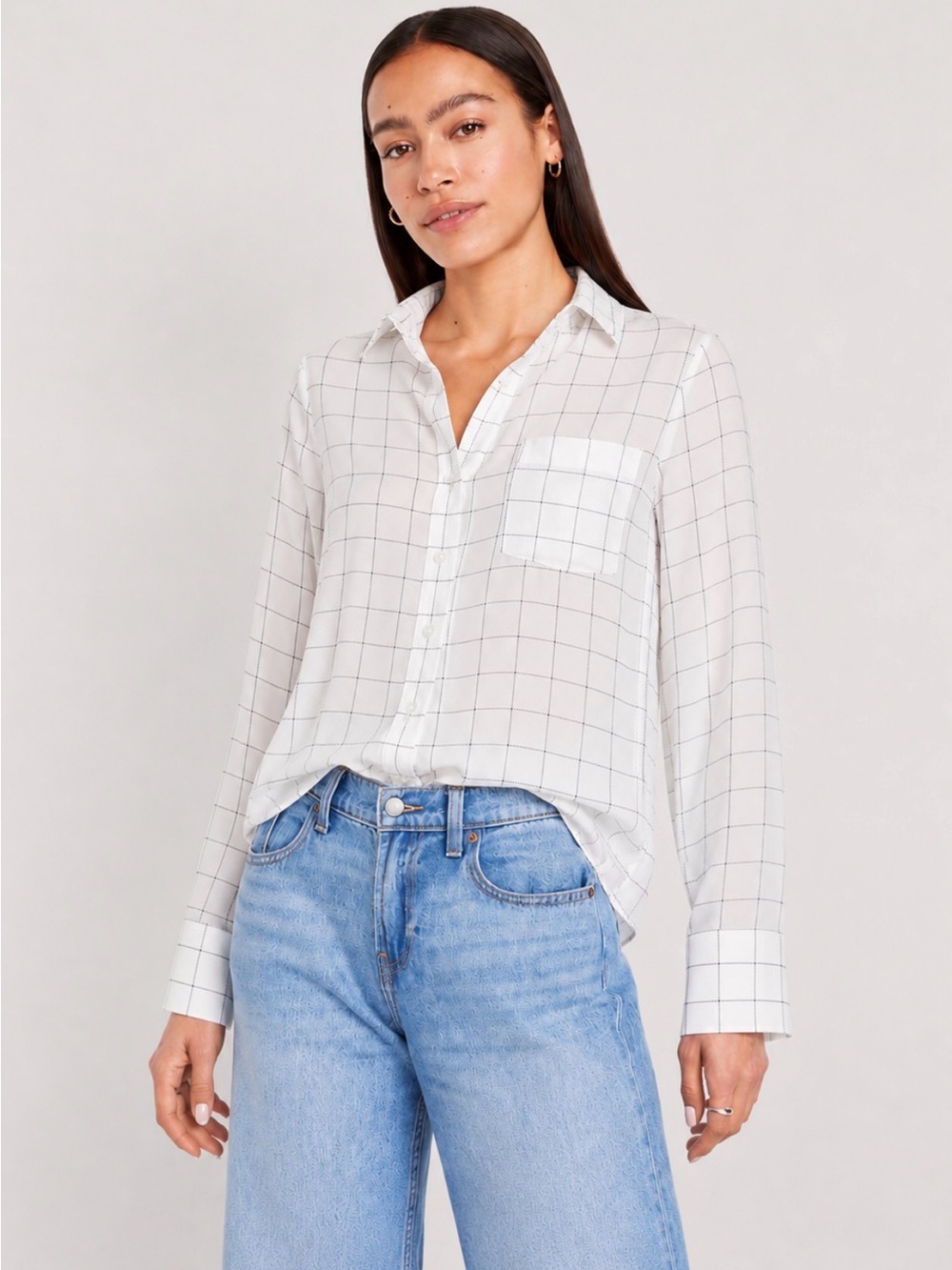Who What Wear White Black Windowpane Plaid Grid Shirt Button-Up Blouse sz Small